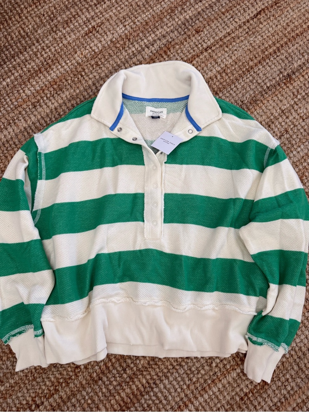 American Eagle Outfitters Green and White Striped Rugby Sweater